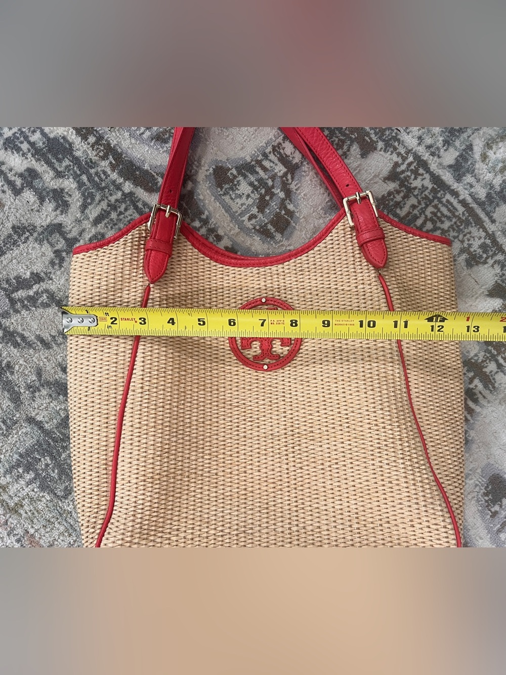 Tory Burch Raffia Straw Tote with Poppy Red Leather Trim - Picture 7 of 11